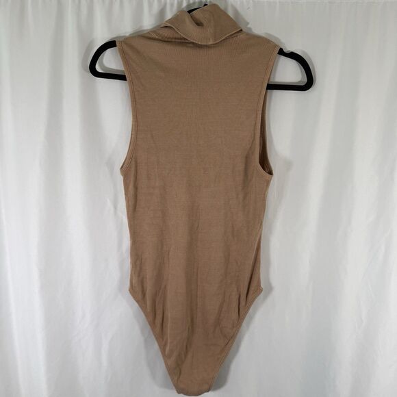 Zara Bodysuit Women's Large Tan Brown Turtleneck Sleeveless Ribbed Button Snap - Picture 9 of 11